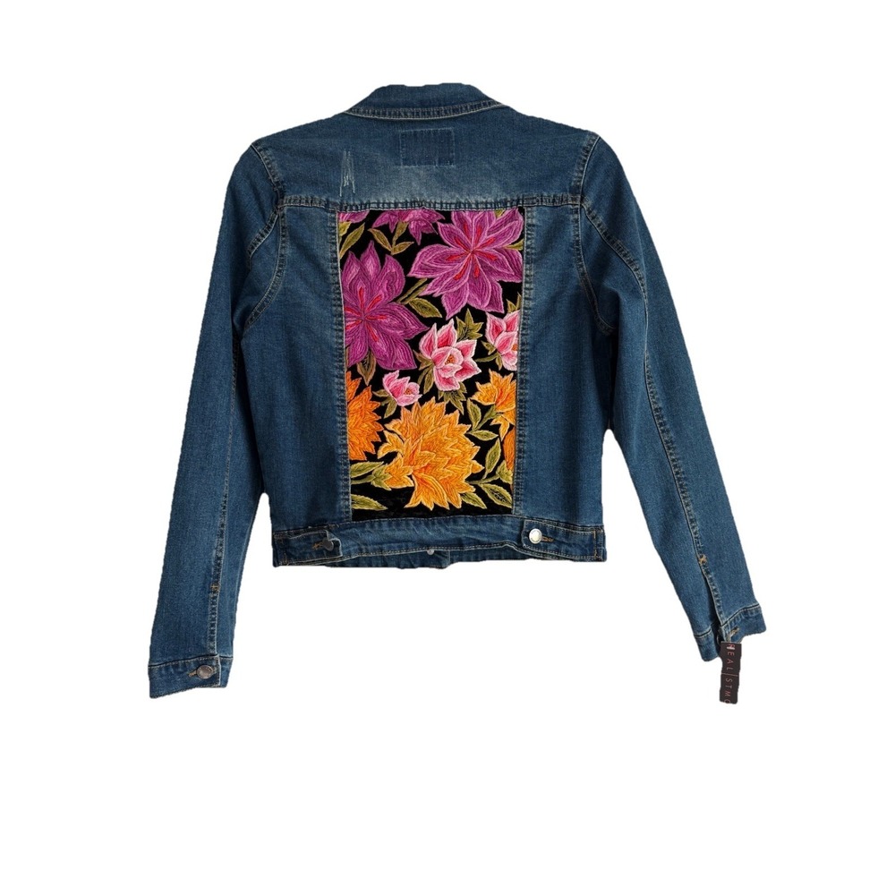 Realistmo Oaxaca Mexican Embroidered Floral Design Denim Jacket Womens Small NEW